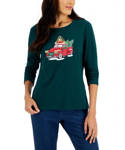 Women's Long-Sleeve Holiday Top Marine Green $10.07 Tops