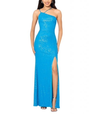 Women's Sequin-Detail Asymmetrical-Neckline Dress Blue $127.16 Dresses