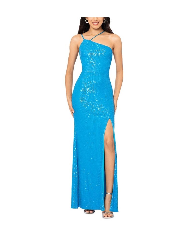 Women's Sequin-Detail Asymmetrical-Neckline Dress Blue $127.16 Dresses