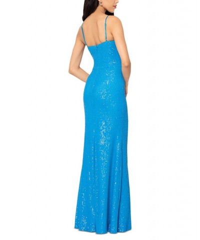 Women's Sequin-Detail Asymmetrical-Neckline Dress Blue $127.16 Dresses