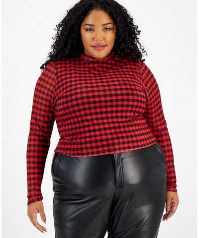 Plus Size Mesh Mock-Neck Cutout Tie-Back Top Penny Gingham $9.89 Tops