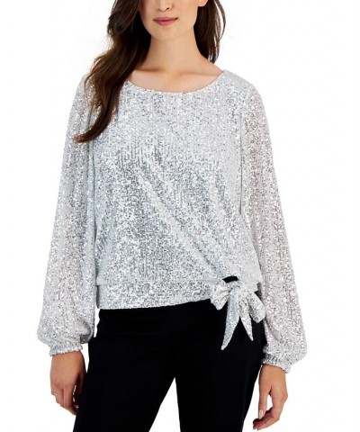 Women's Long-Sleeve Tie-Hem Sequin Blouse Silver $29.67 Tops