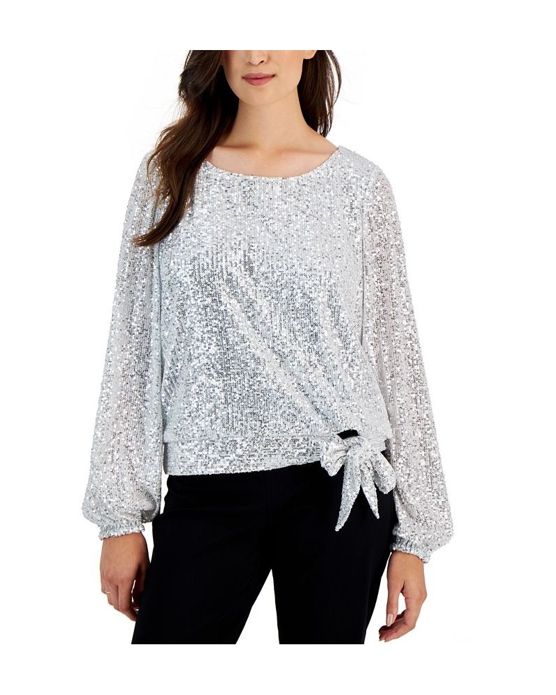 Women's Long-Sleeve Tie-Hem Sequin Blouse Silver $29.67 Tops