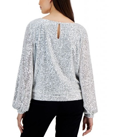 Women's Long-Sleeve Tie-Hem Sequin Blouse Silver $29.67 Tops