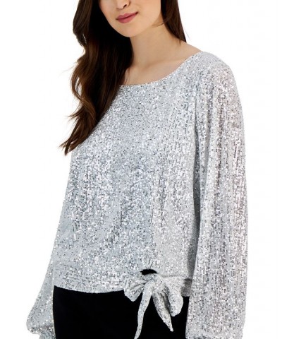 Women's Long-Sleeve Tie-Hem Sequin Blouse Silver $29.67 Tops