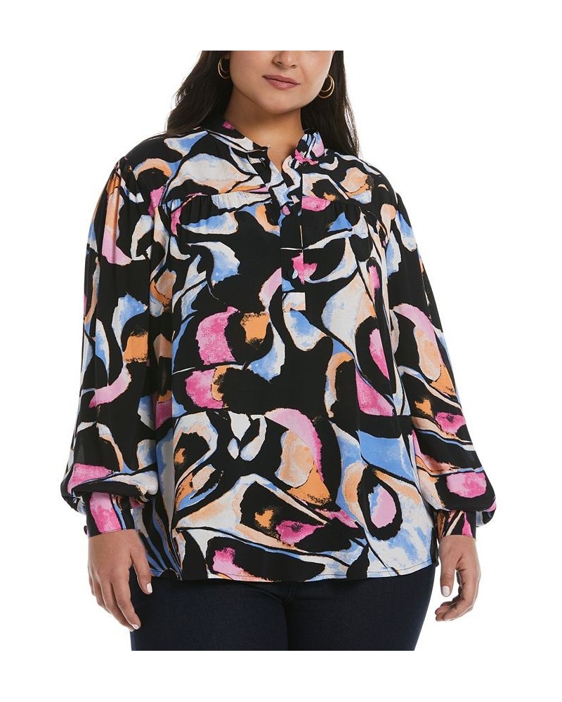 Plus Size Print Long Sleeve Popover Blouse Cornflower Blue $53.41 Tops