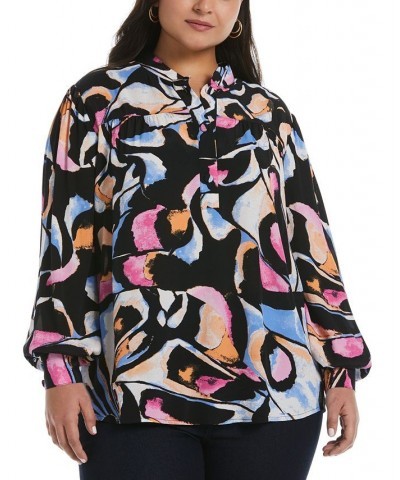 Plus Size Print Long Sleeve Popover Blouse Cornflower Blue $53.41 Tops