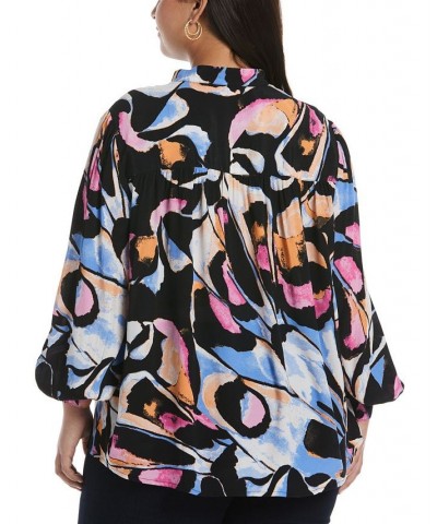 Plus Size Print Long Sleeve Popover Blouse Cornflower Blue $53.41 Tops