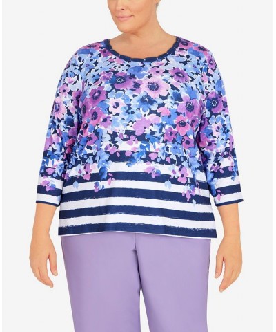 Plus Size Picture Perfect Flowers and Stripes Knit Top Navy, Multi $30.87 Tops