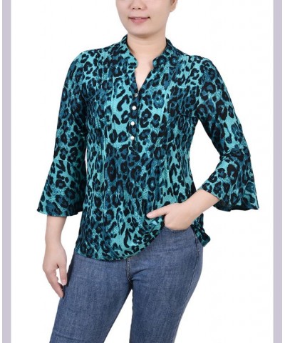 Petite 3/4 Bell Sleeve Printed Pleat Front Y-neck Top Dark Teal Skin $13.55 Tops