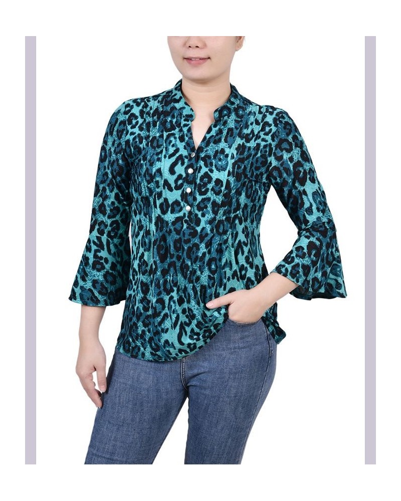 Petite 3/4 Bell Sleeve Printed Pleat Front Y-neck Top Dark Teal Skin $13.55 Tops