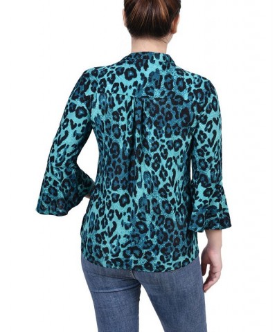 Petite 3/4 Bell Sleeve Printed Pleat Front Y-neck Top Dark Teal Skin $13.55 Tops