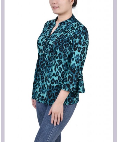 Petite 3/4 Bell Sleeve Printed Pleat Front Y-neck Top Dark Teal Skin $13.55 Tops