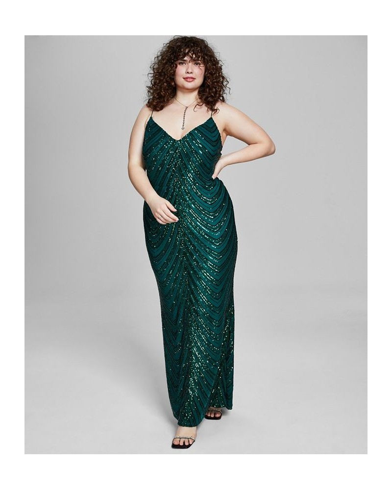 Trendy Plus Size Sequined V-Neck Sleeveless Gown Hunter $74.73 Dresses