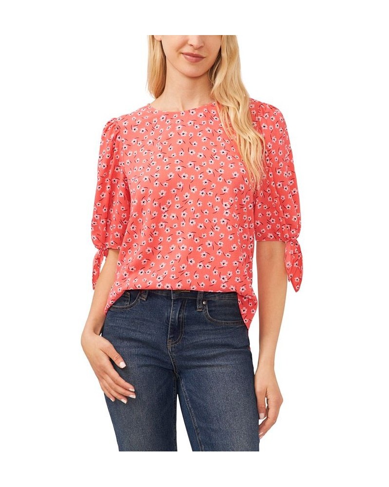 Women's Printed Tie-Sleeve Crewneck Blouse Red $33.97 Tops