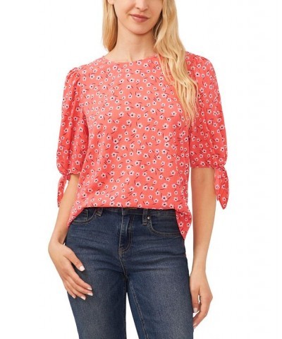 Women's Printed Tie-Sleeve Crewneck Blouse Red $33.97 Tops