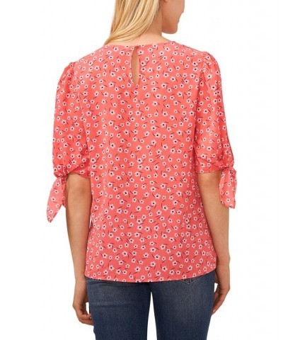 Women's Printed Tie-Sleeve Crewneck Blouse Red $33.97 Tops