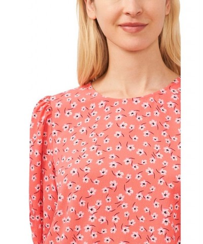 Women's Printed Tie-Sleeve Crewneck Blouse Red $33.97 Tops