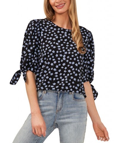 Women's Printed Tie-Sleeve Crewneck Blouse Red $33.97 Tops