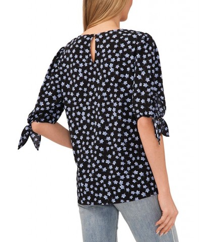 Women's Printed Tie-Sleeve Crewneck Blouse Red $33.97 Tops