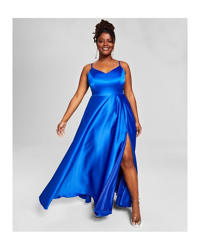 Trendy Plus Size Satin Sleeveless Gown Blue $58.05 Dresses