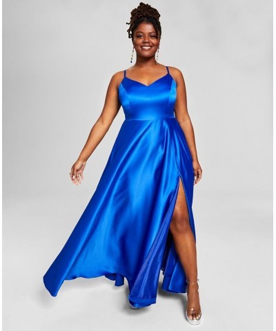 Trendy Plus Size Satin Sleeveless Gown Blue $58.05 Dresses