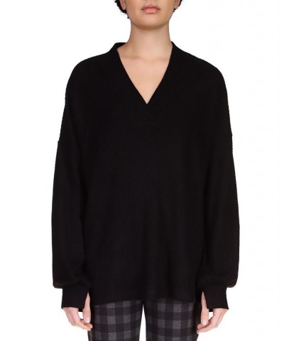 Cozy V-Neck Waffle Knit Sweater Black $16.77 Sweaters