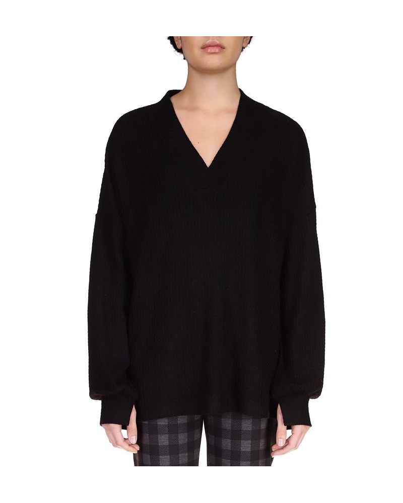 Cozy V-Neck Waffle Knit Sweater Black $16.77 Sweaters