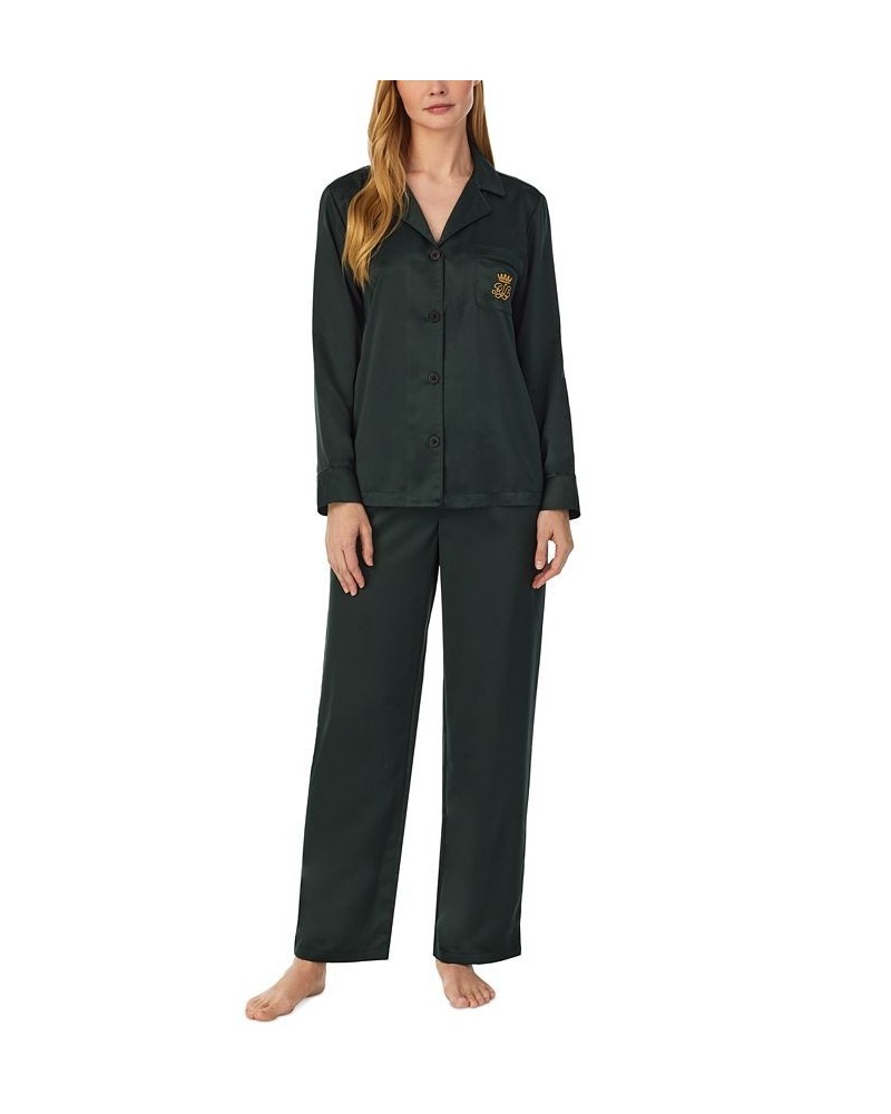 Women's Matte Satin Notched-Collar Pajamas Set Green $39.38 Sleepwear