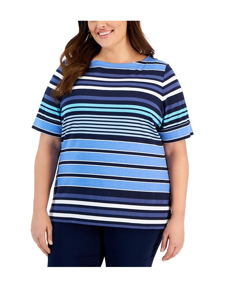 Plus Size Erica Striped Boat-Neck Top Blue $23.25 Tops