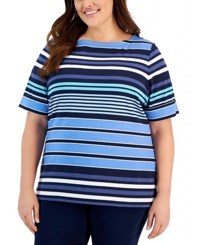 Plus Size Erica Striped Boat-Neck Top Blue $23.25 Tops