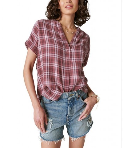 Women's Short-Sleeve Plaid Popover Shirt Burgundy Plaid $37.59 Tops