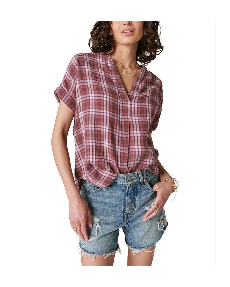 Women's Short-Sleeve Plaid Popover Shirt Burgundy Plaid $37.59 Tops