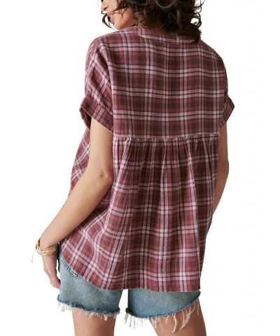 Women's Short-Sleeve Plaid Popover Shirt Burgundy Plaid $37.59 Tops