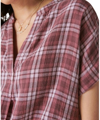 Women's Short-Sleeve Plaid Popover Shirt Burgundy Plaid $37.59 Tops