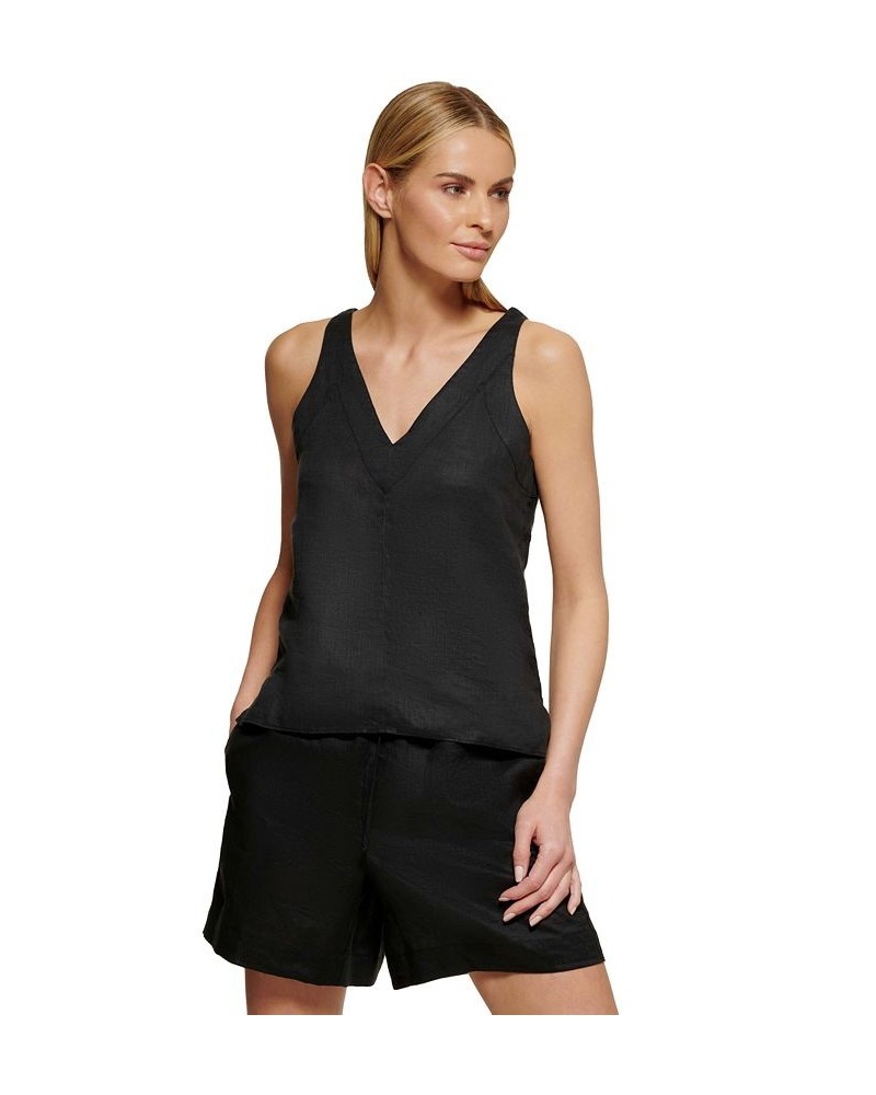 Women's Linen V-Neck Sleeveless Pullover Top Black $33.97 Tops