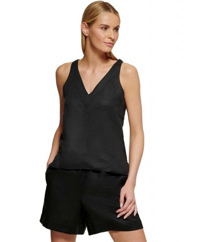 Women's Linen V-Neck Sleeveless Pullover Top Black $33.97 Tops