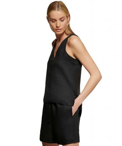 Women's Linen V-Neck Sleeveless Pullover Top Black $33.97 Tops