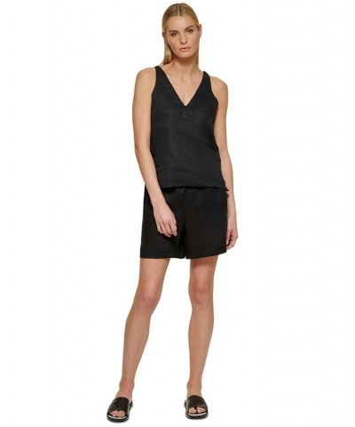 Women's Linen V-Neck Sleeveless Pullover Top Black $33.97 Tops