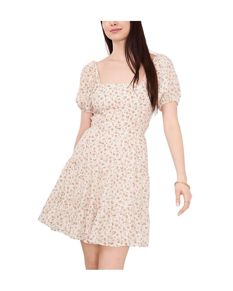 Women's Short Sleeve Square Neck Tie Back Dress Soft Rosettes $42.51 Dresses