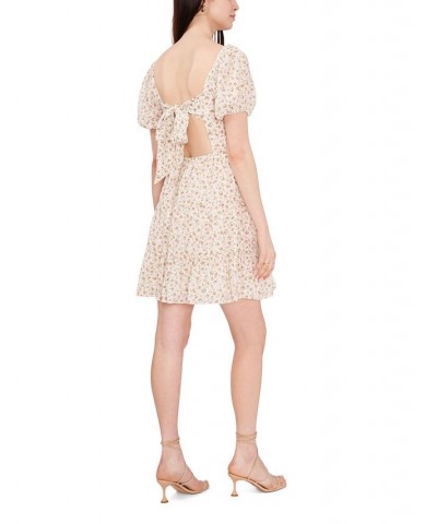 Women's Short Sleeve Square Neck Tie Back Dress Soft Rosettes $42.51 Dresses