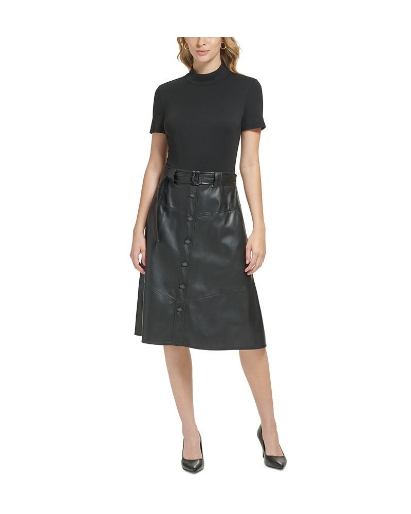 Women's Mixed-Media Midi Dress Black $80.64 Dresses