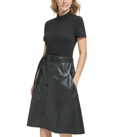 Women's Mixed-Media Midi Dress Black $80.64 Dresses