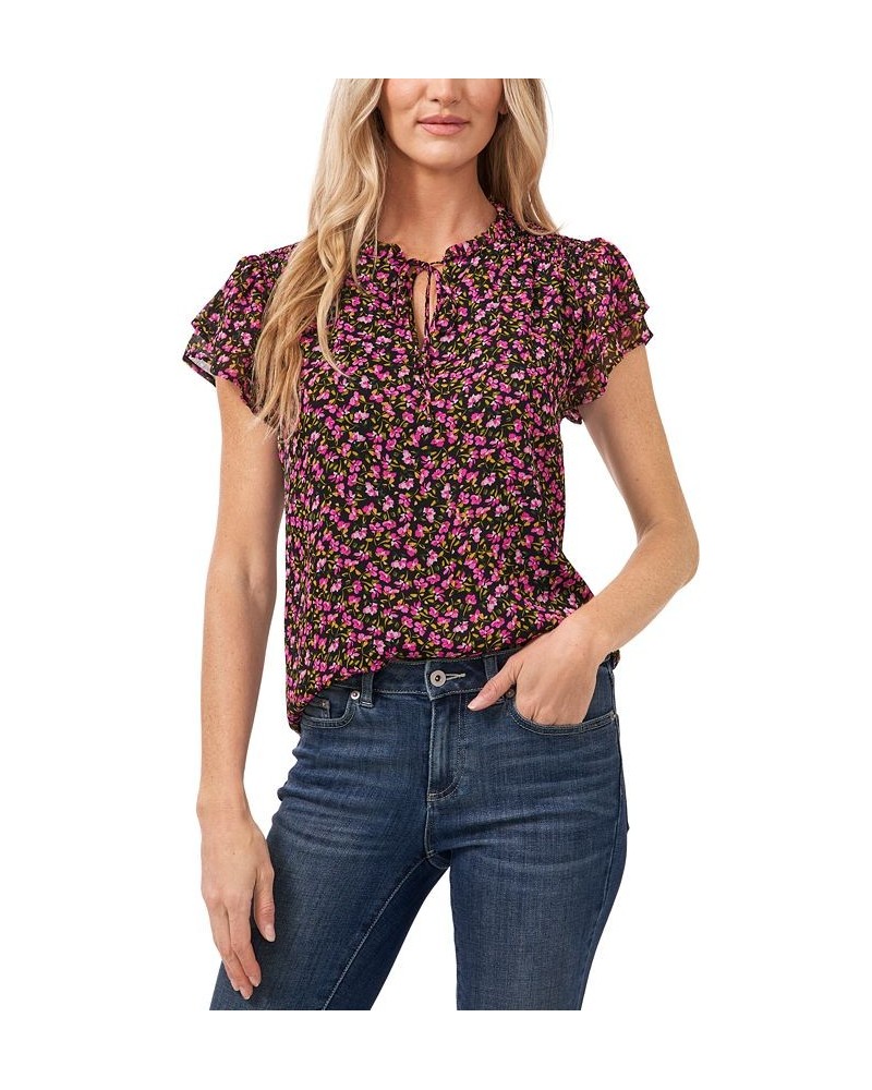 Women's Flutter Sleeve Bella Ditsy Yoryu Blouse Black $24.05 Tops