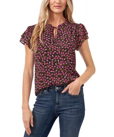 Women's Flutter Sleeve Bella Ditsy Yoryu Blouse Black $24.05 Tops