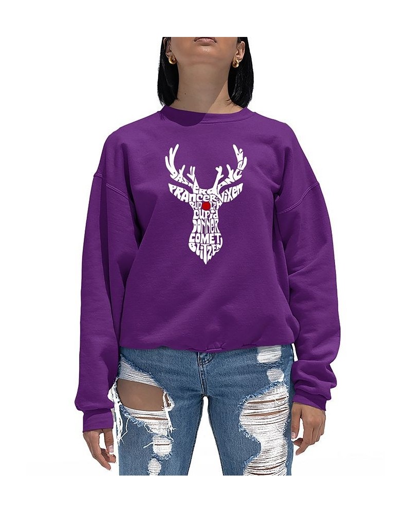 Women's Santa's Reindeer Word Art Crew Neck Sweatshirt Purple $25.49 Tops