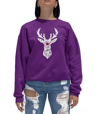 Women's Santa's Reindeer Word Art Crew Neck Sweatshirt Purple $25.49 Tops