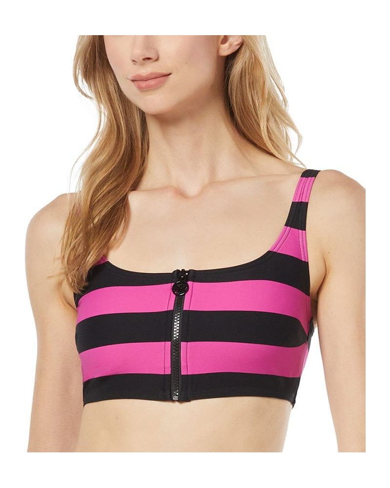 Women's Striped Zip Front Bikini Top & Striped High Waist Bikini Bottoms Pink $33.00 Swimsuits