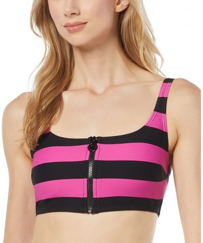 Women's Striped Zip Front Bikini Top & Striped High Waist Bikini Bottoms Pink $33.00 Swimsuits