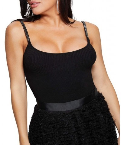 Women's Nevia Solid Rhinestone-Strap Bodysuit Black $29.27 Tops